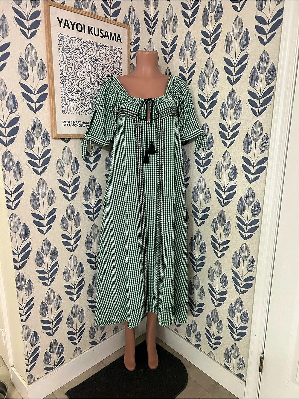 Free People Cass Gingham Midi Dress Green & White